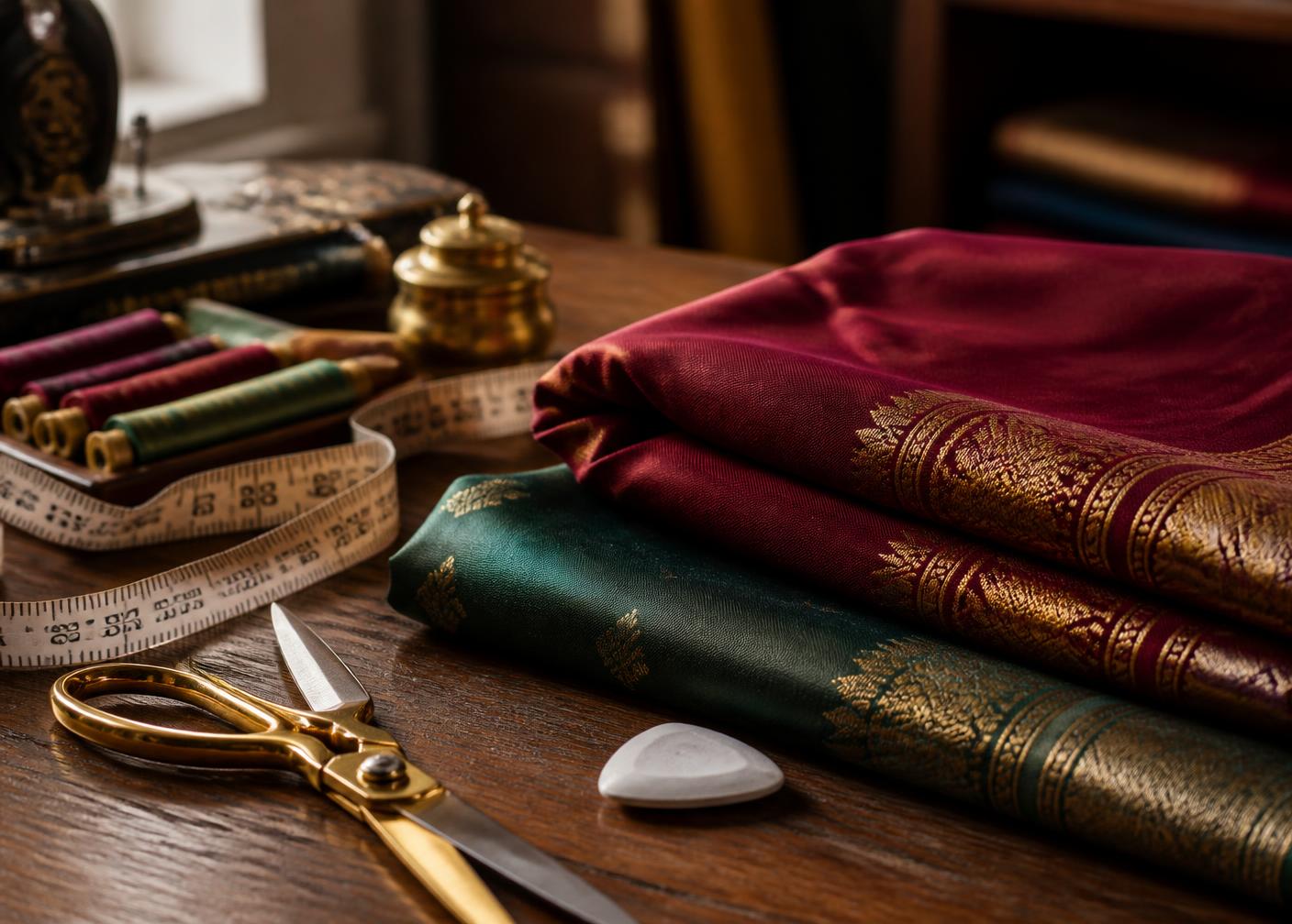 Silk fabric with gold zari borders, measuring tape, thread spools and tailoring scissors
