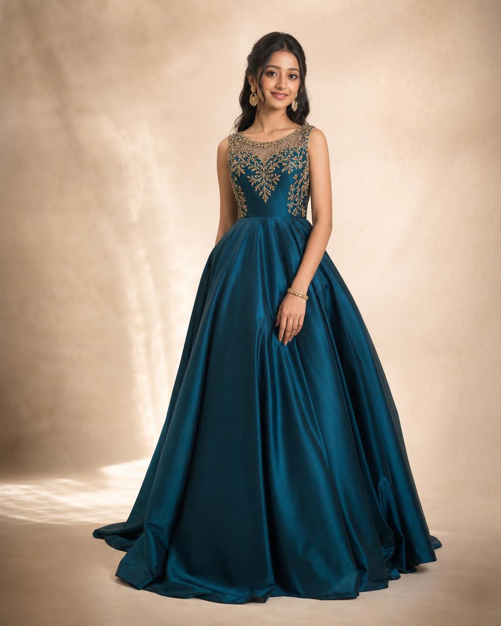 Teenage girl wearing an elegant teal prom gown with gold embroidery