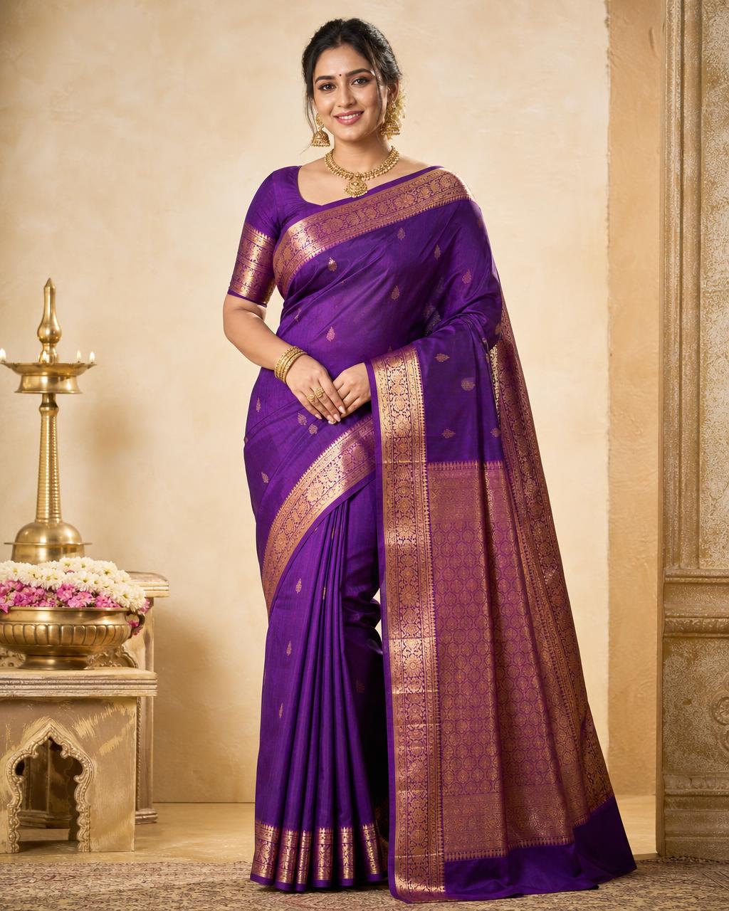 Woman wearing a purple Kanchipuram silk saree with a gold zari border